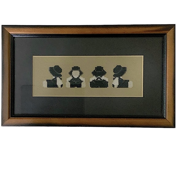 Amish Wall Decor Vintage Needlepoint Traditional Dressed Farmhouse Black White - Picture 8 of 16